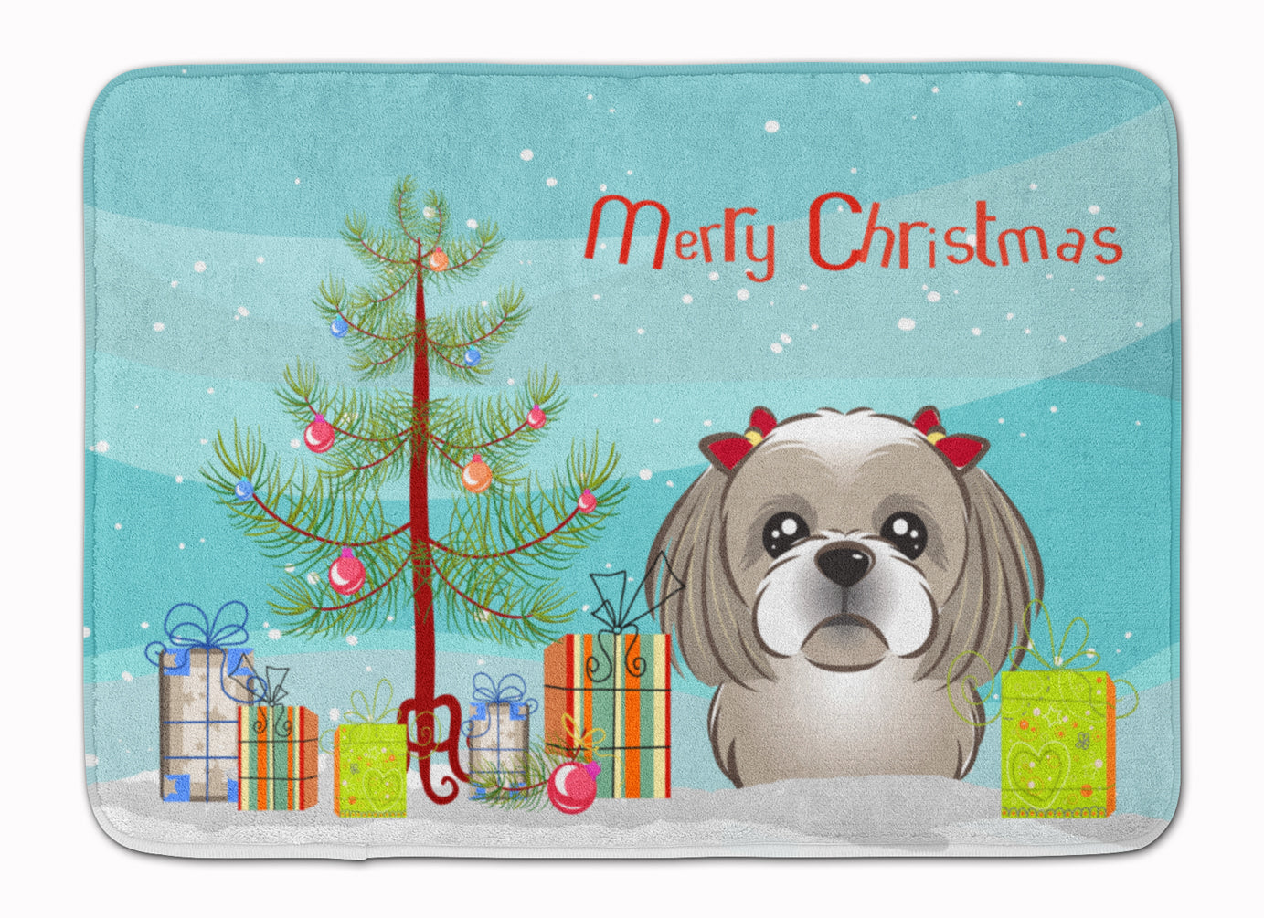 Christmas Tree and Gray Silver Shih Tzu Machine Washable Memory Foam Mat BB1622RUG - the-store.com