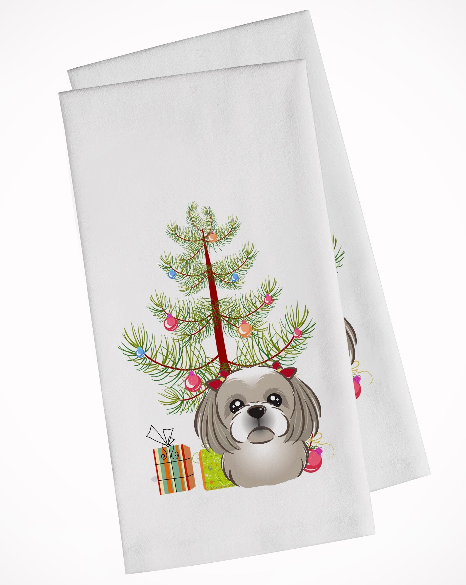 Christmas Tree and Gray Silver Shih Tzu White Kitchen Towel Set of 2 BB1622WTKT by Caroline's Treasures