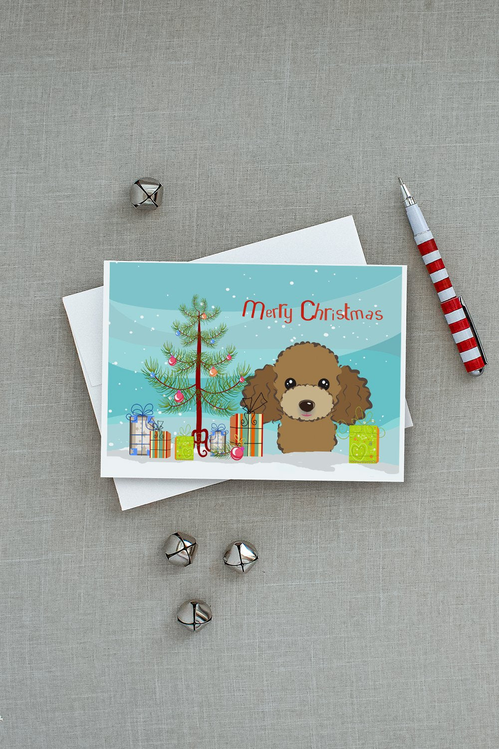 Christmas Tree and Chocolate Brown Poodle Greeting Cards and Envelopes Pack of 8 - the-store.com