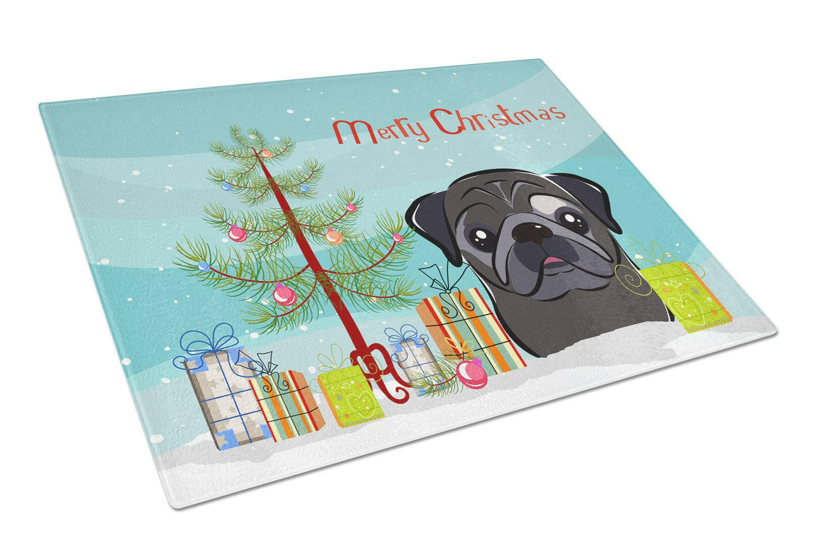 Christmas Tree and Black Pug Glass Cutting Board Large BB1635LCB by Caroline's Treasures