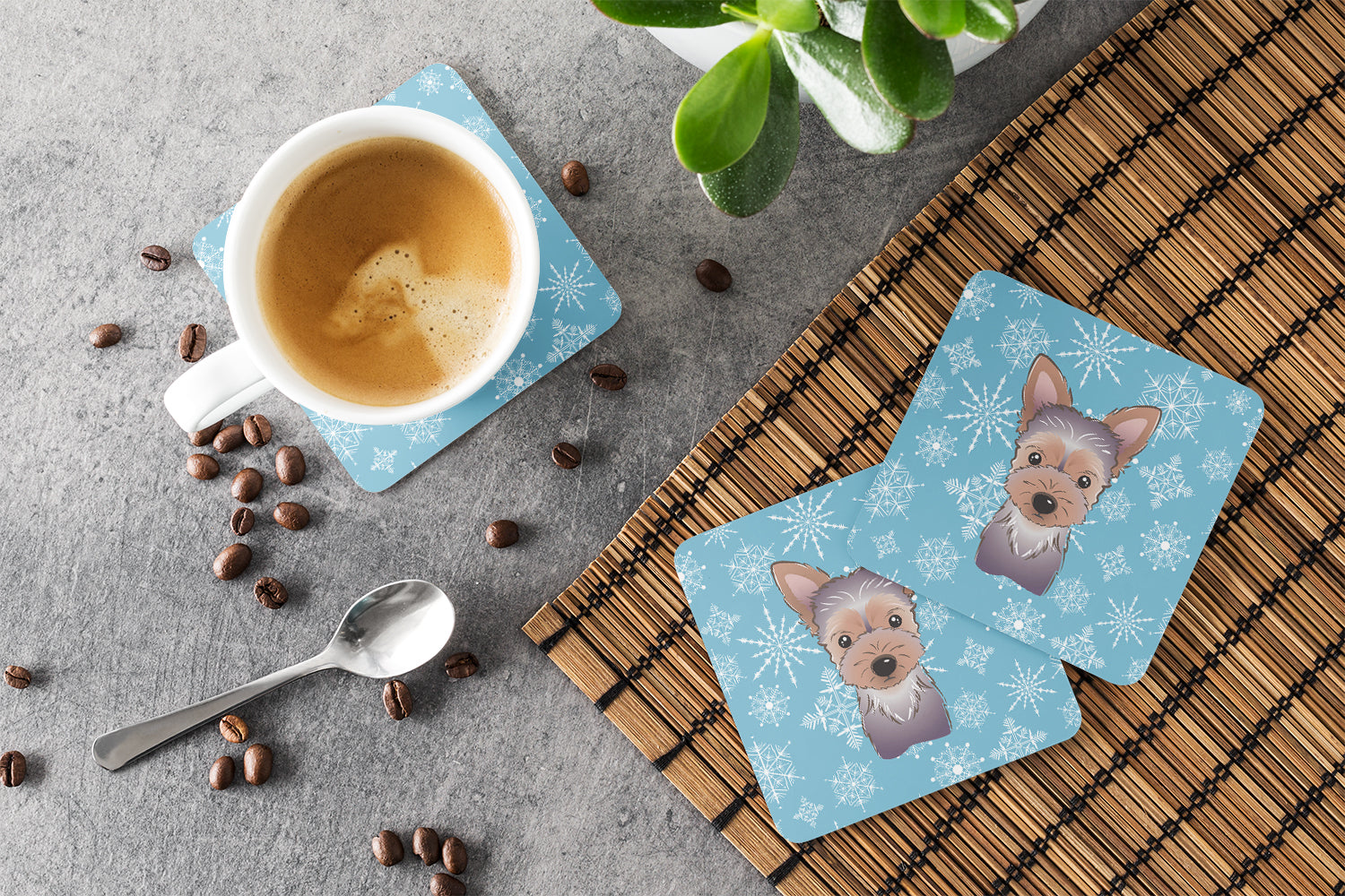 Set of 4 Snowflake Yorkie Puppy Foam Coasters BB1666FC - the-store.com