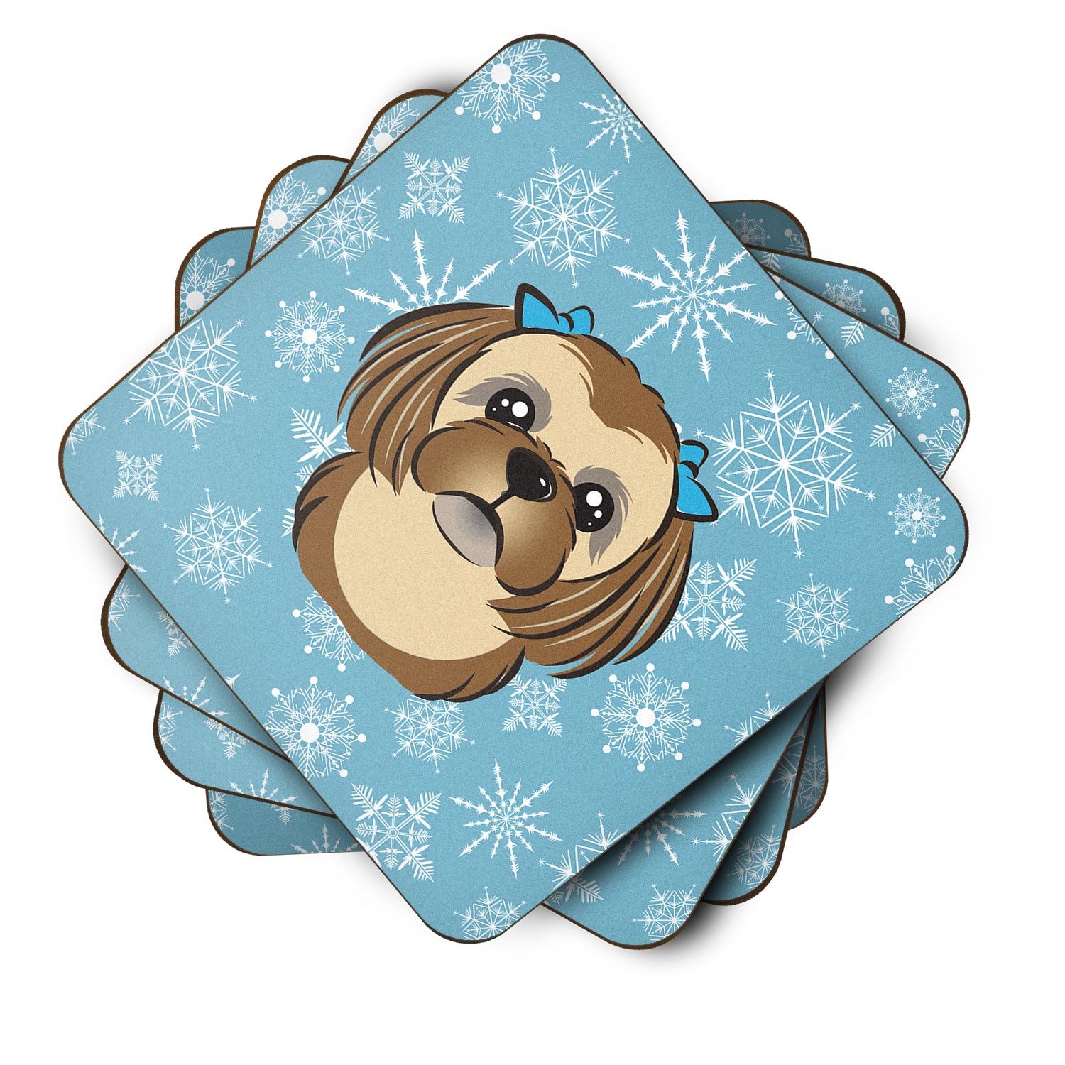 Set of 4 Snowflake Chocolate Brown Shih Tzu Foam Coasters BB1683FC - the-store.com