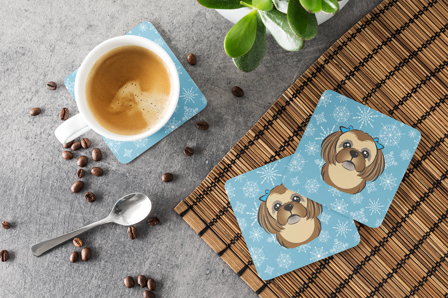 Set of 4 Snowflake Chocolate Brown Shih Tzu Foam Coasters BB1683FC - the-store.com