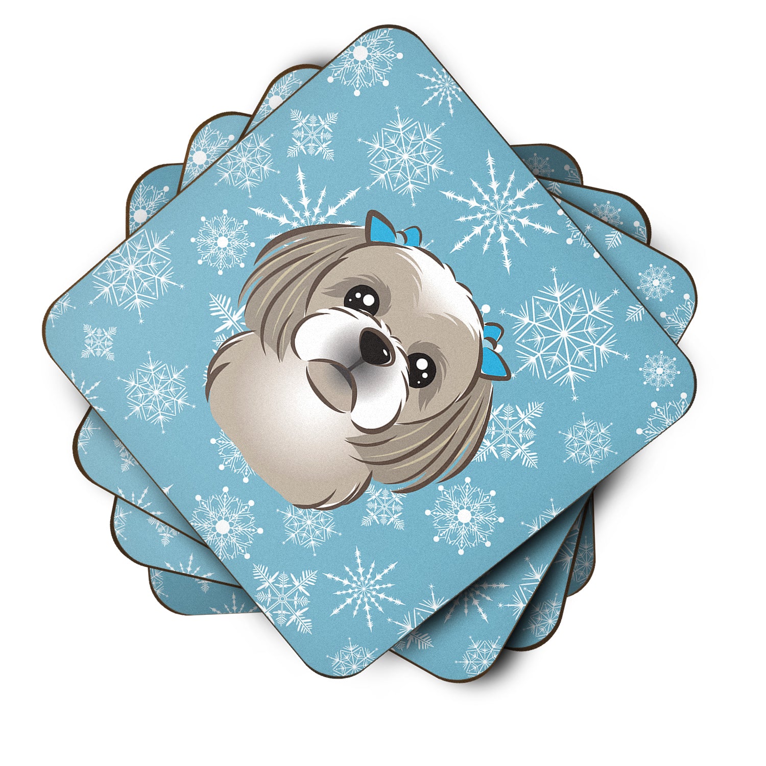 Set of 4 Snowflake Gray Silver Shih Tzu Foam Coasters BB1684FC - the-store.com