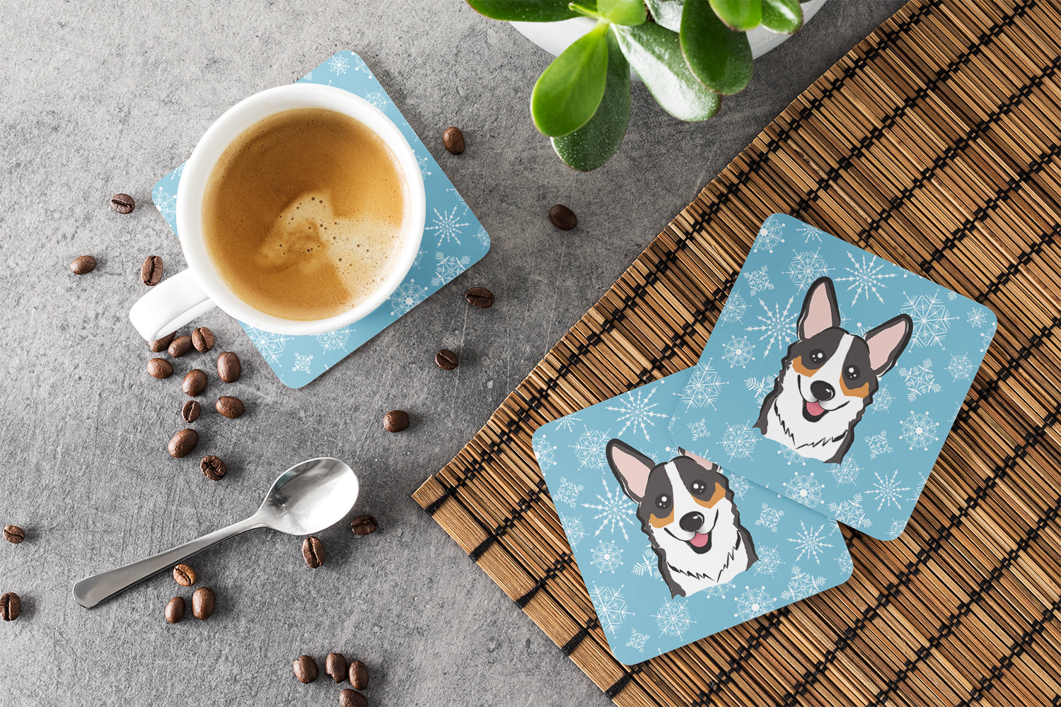 Set of 4 Snowflake Tricolor Corgi Foam Coasters BB1689FC - the-store.com