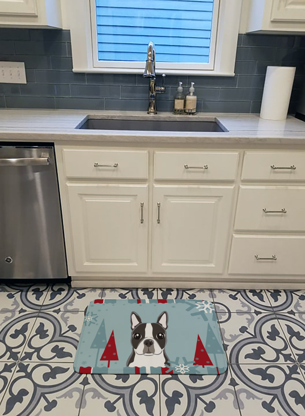 Winter Holiday Boston Terrier Machine Washable Memory Foam Mat BB1699RUG - the-store.com