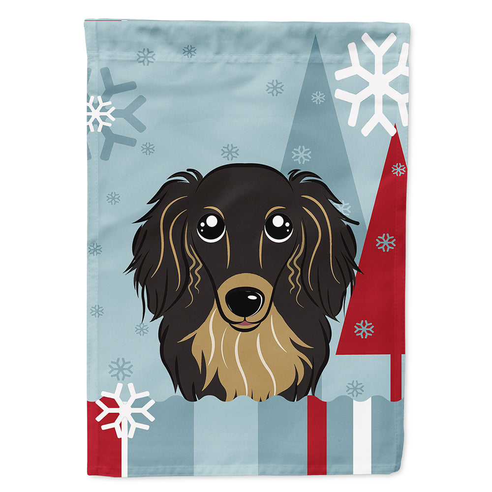 Winter Holiday Longhair Black and Tan Dachshund Flag Canvas House Size BB1709CHF  the-store.com.