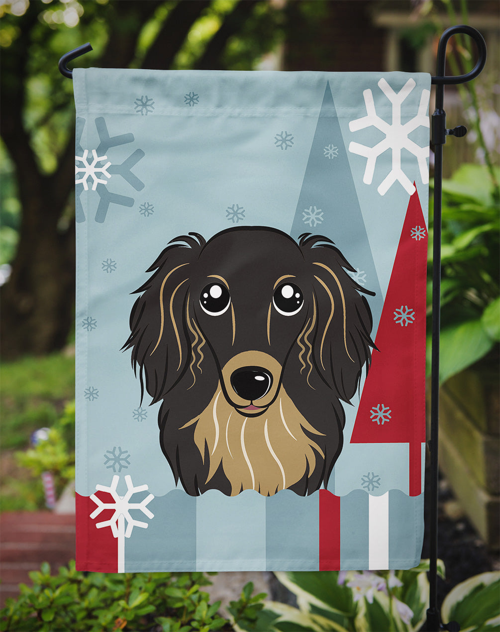 Winter Holiday Longhair Black and Tan Dachshund Flag Garden Size BB1709GF.