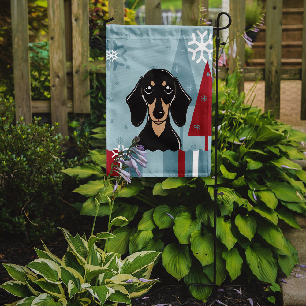 Winter Holiday Smooth Black and Tan Dachshund Flag Garden Size BB1711GF.