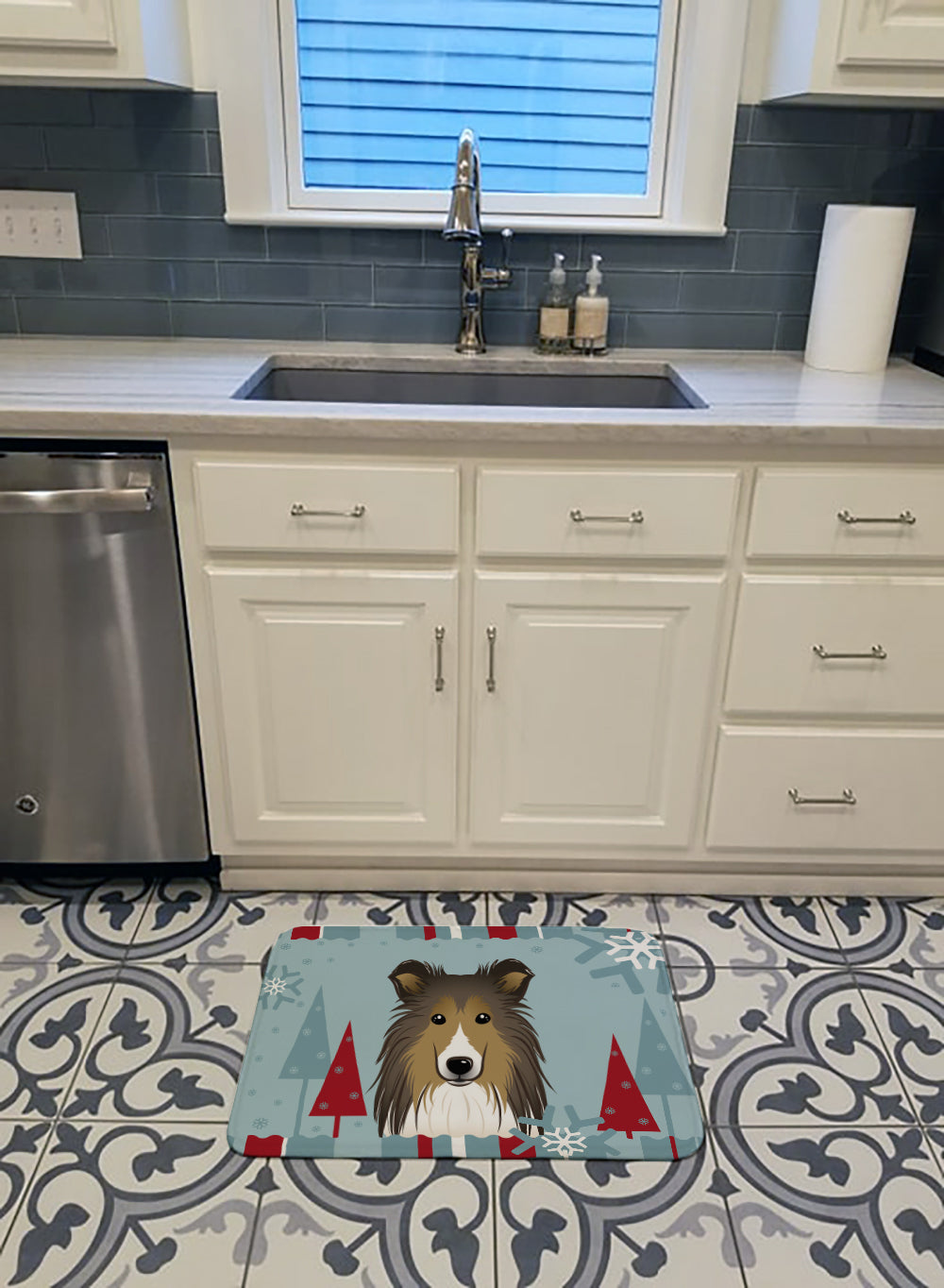 Winter Holiday Sheltie Machine Washable Memory Foam Mat BB1738RUG - the-store.com