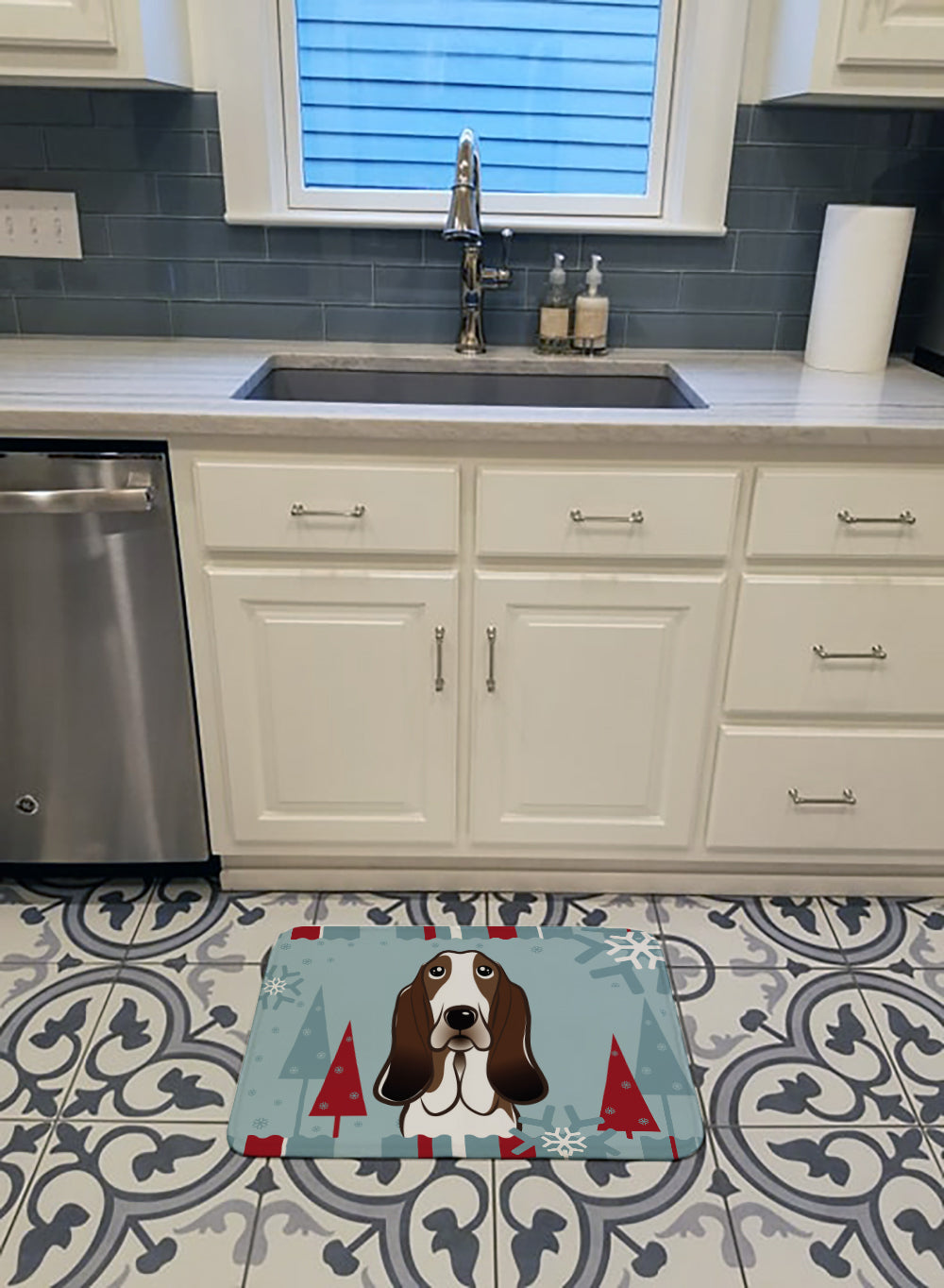 Winter Holiday Basset Hound Machine Washable Memory Foam Mat BB1739RUG - the-store.com