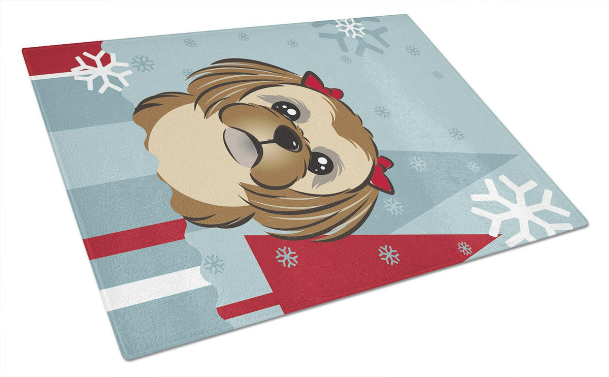 Winter Holiday Chocolate Brown Shih Tzu Glass Cutting Board Large BB1745LCB by Caroline&#39;s Treasures