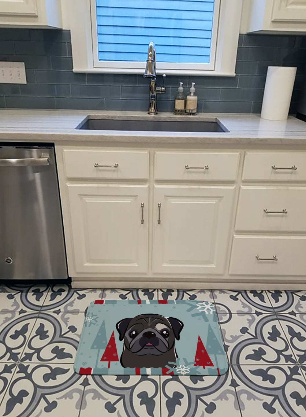 Winter Holiday Black Pug Machine Washable Memory Foam Mat BB1759RUG - the-store.com