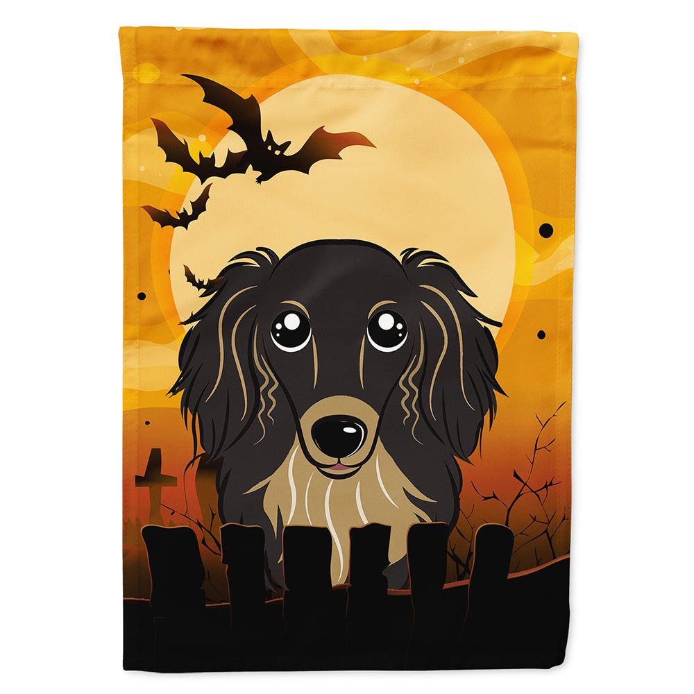 Halloween Longhair Black and Tan Dachshund Flag Canvas House Size BB1771CHF  the-store.com.