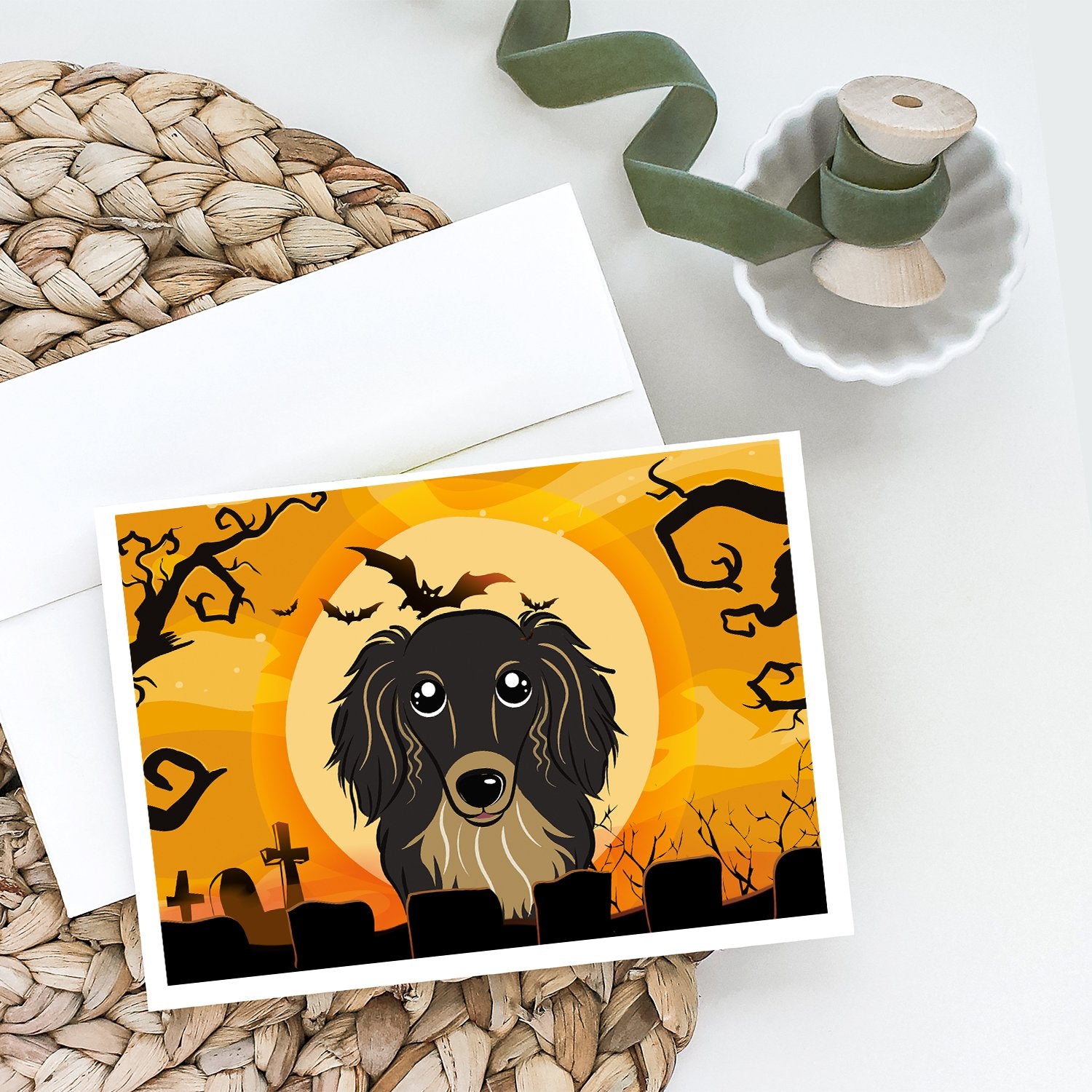 Halloween Longhair Black and Tan Dachshund Greeting Cards and Envelopes Pack of 8 - the-store.com