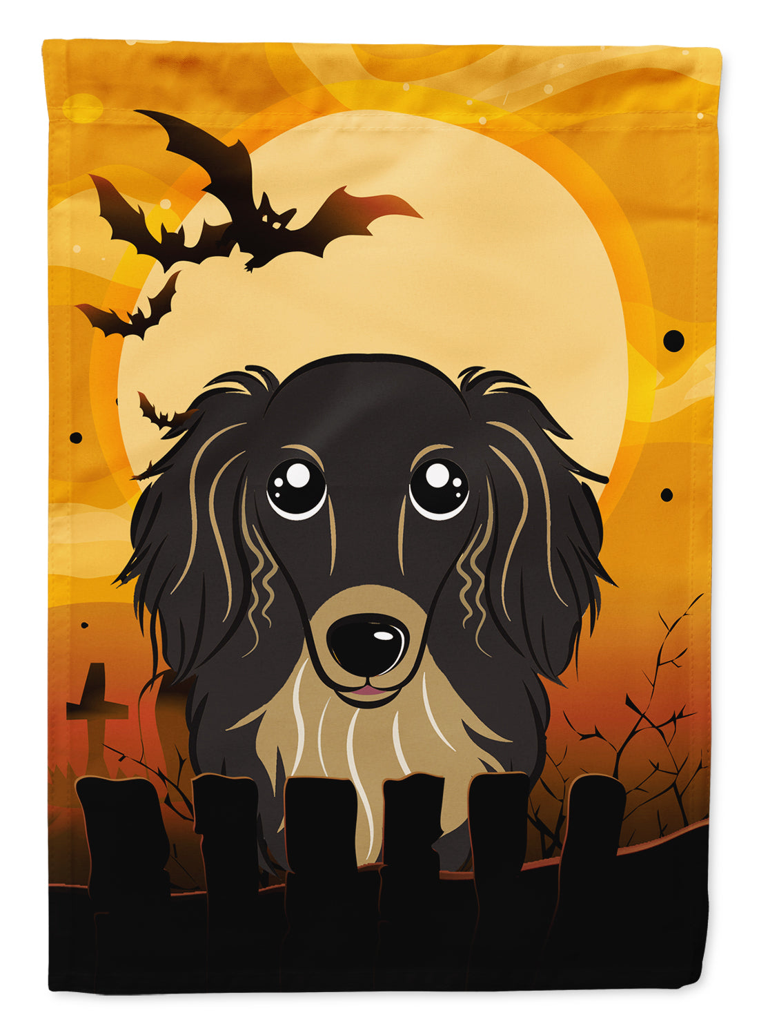 Halloween Longhair Black and Tan Dachshund Flag Garden Size BB1771GF.