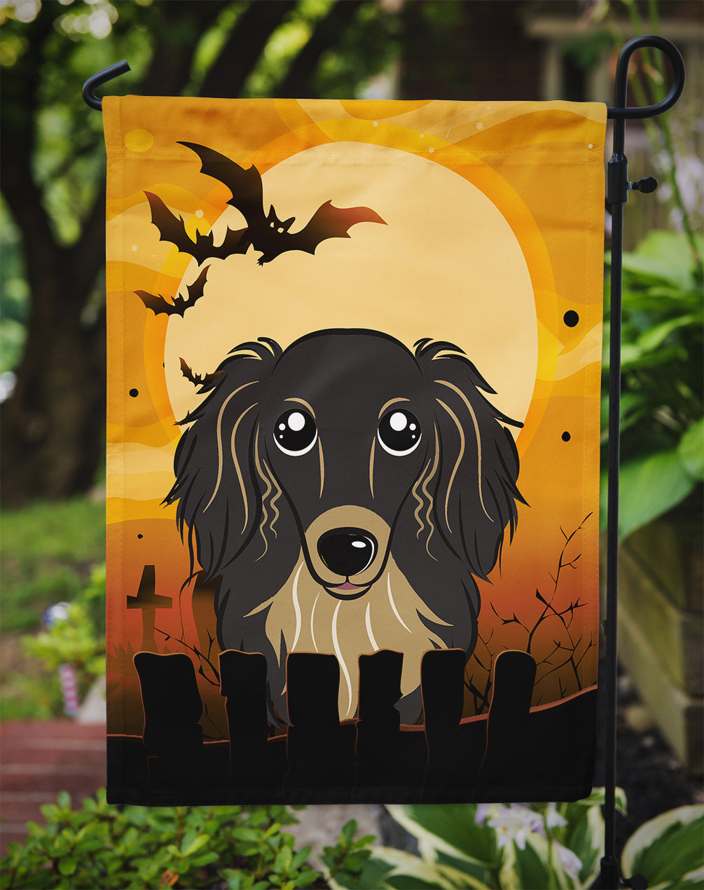 Halloween Longhair Black and Tan Dachshund Flag Garden Size BB1771GF.