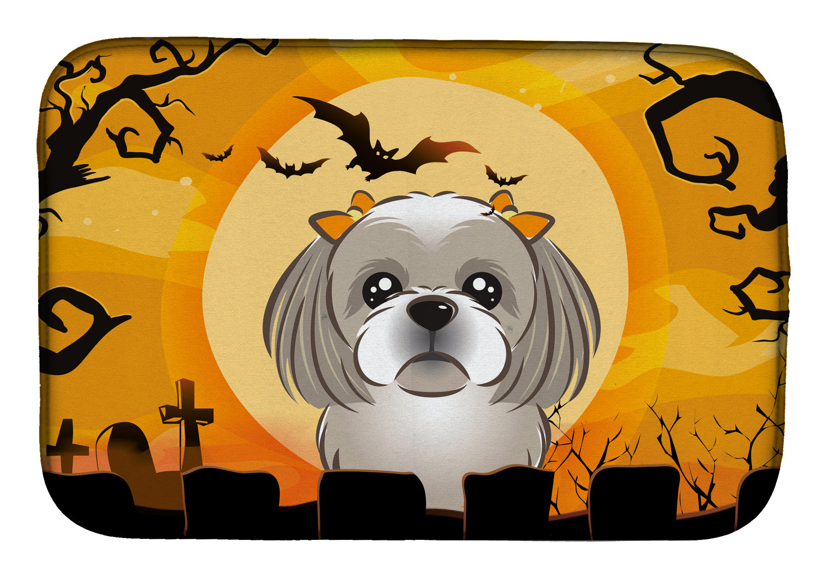 Halloween Gray Silver Shih Tzu Dish Drying Mat BB1808DDM  the-store.com.