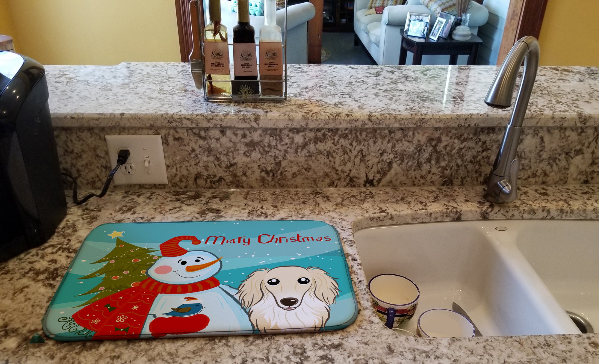 Snowman with Longhair Creme Dachshund Dish Drying Mat BB1832DDM  the-store.com.