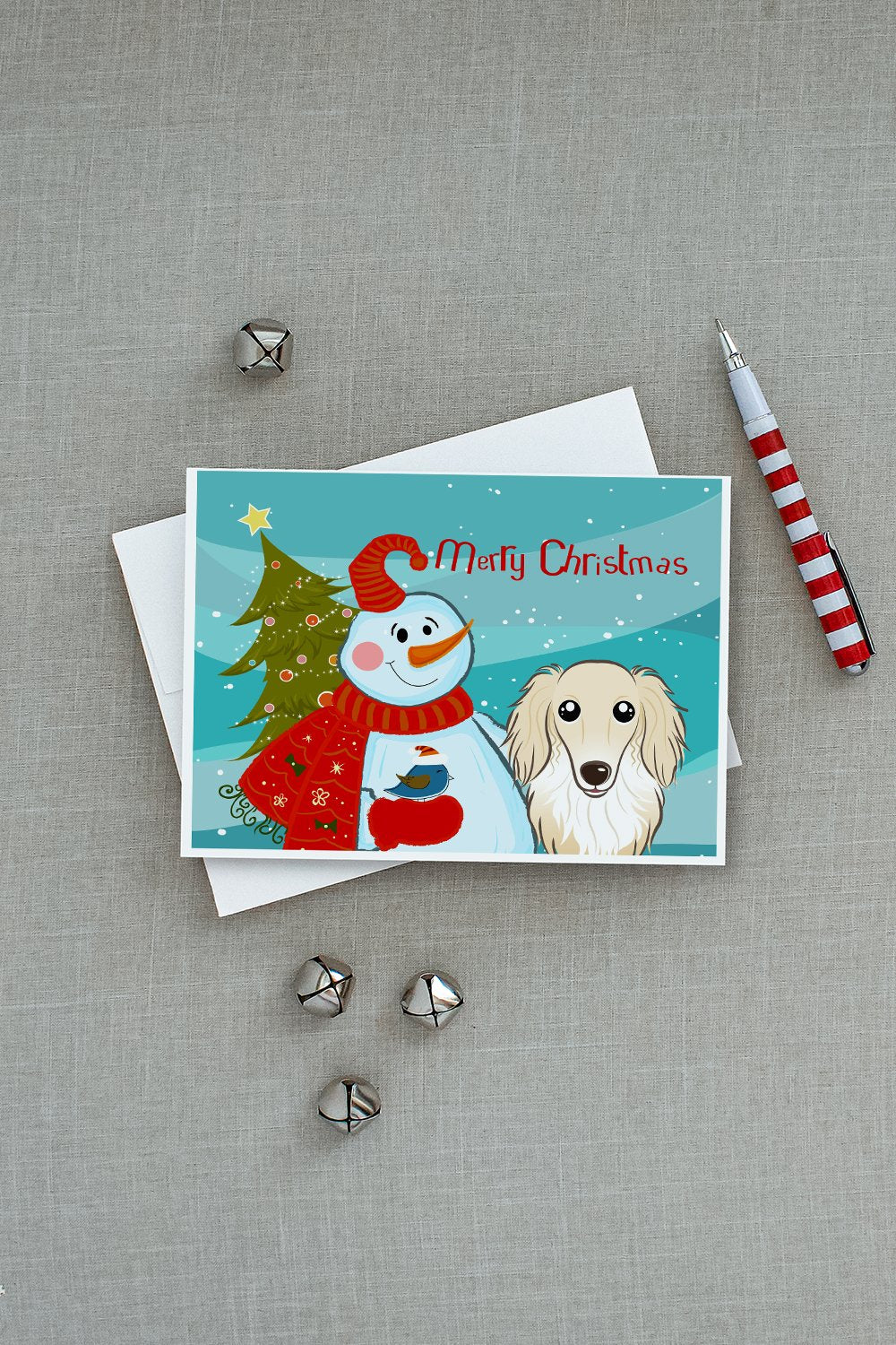 Snowman with Longhair Creme Dachshund Greeting Cards and Envelopes Pack of 8 - the-store.com