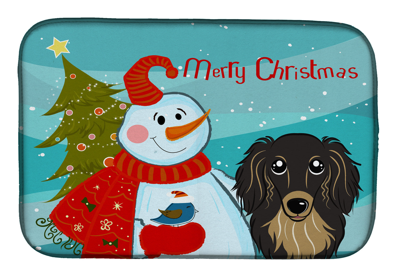 Snowman with Longhair Black and Tan Dachshund Dish Drying Mat BB1833DDM  the-store.com.