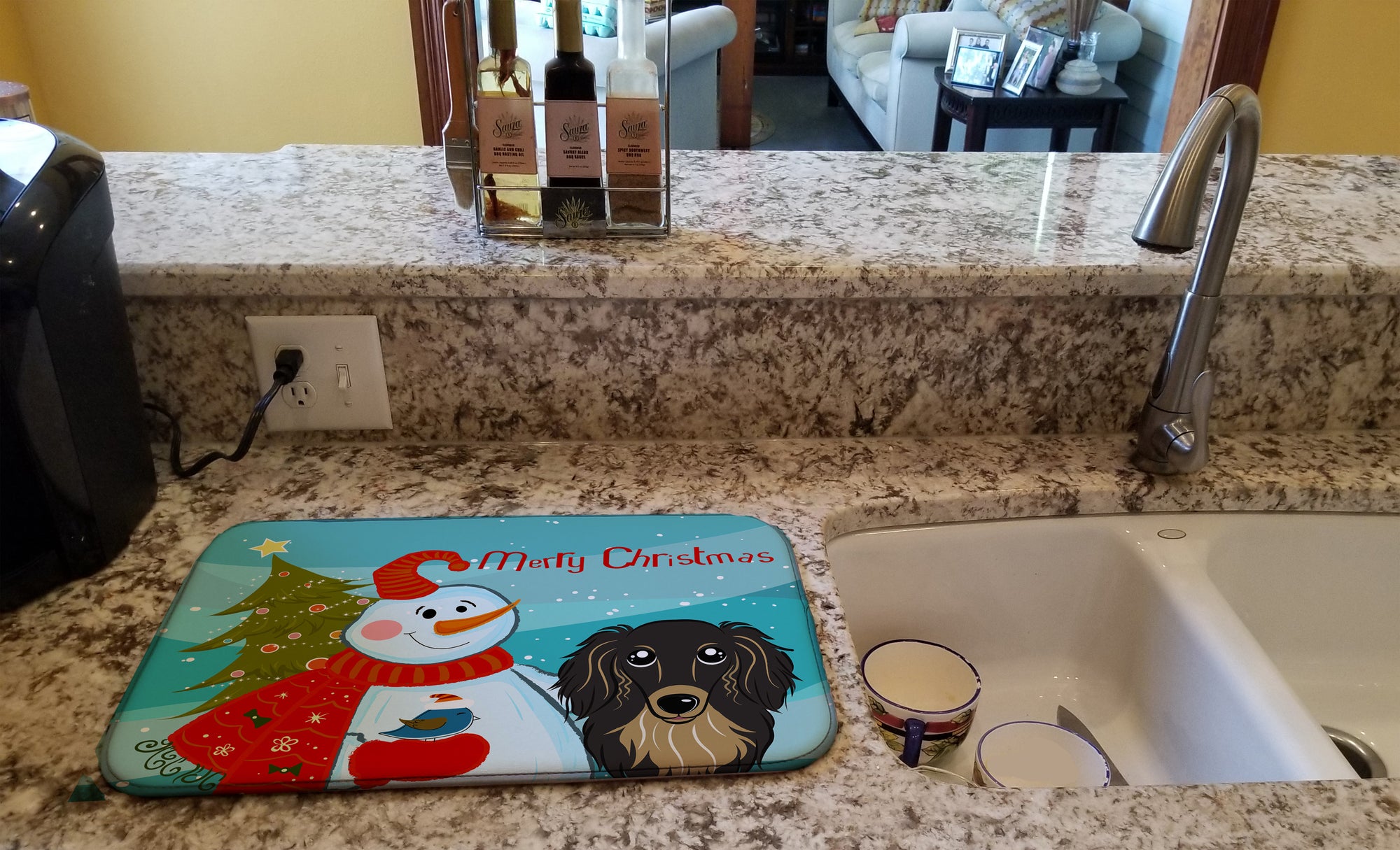 Snowman with Longhair Black and Tan Dachshund Dish Drying Mat BB1833DDM  the-store.com.