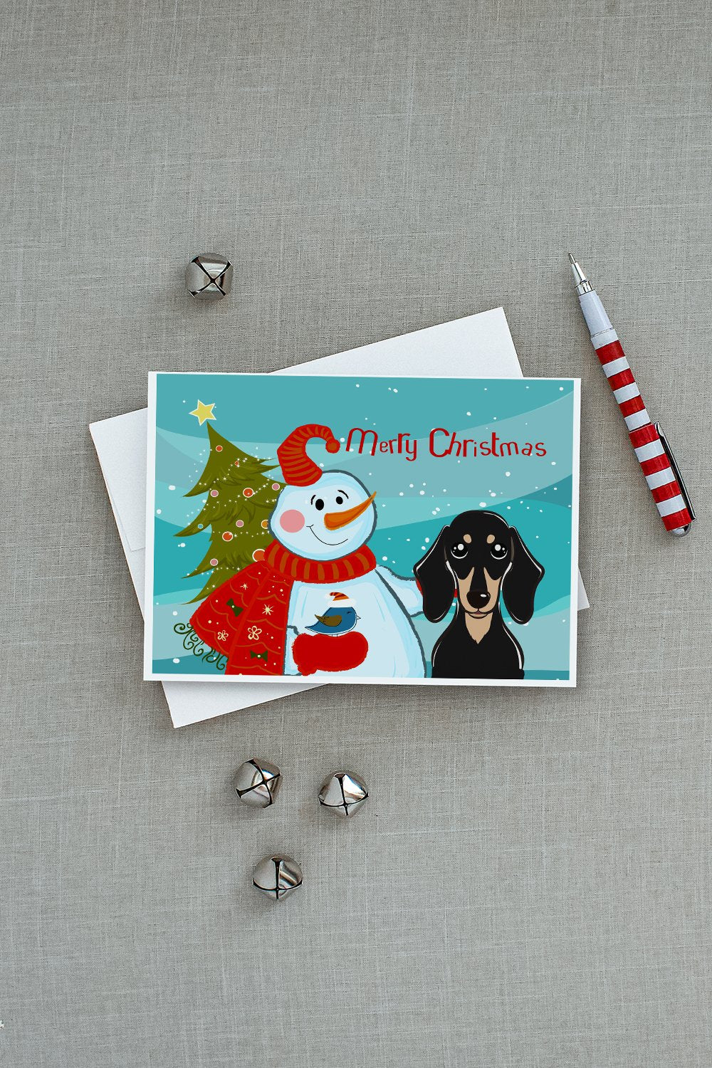 Snowman with Smooth Black and Tan Dachshund Greeting Cards and Envelopes Pack of 8 - the-store.com