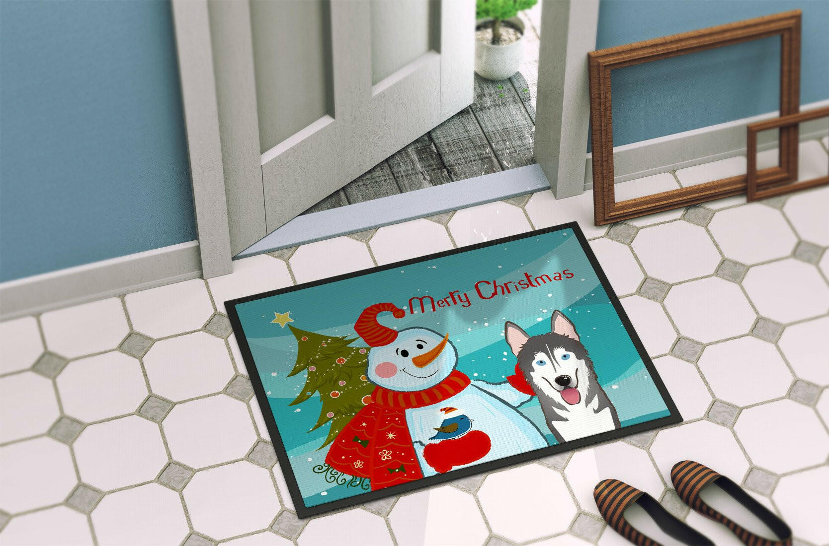 Snowman with Alaskan Malamute Indoor or Outdoor Mat 24x36 BB1838JMAT - the-store.com