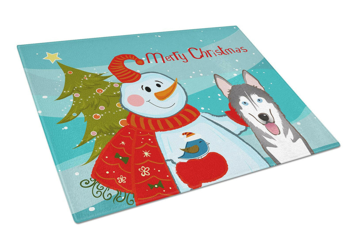 Snowman with Alaskan Malamute Glass Cutting Board Large BB1838LCB by Caroline&#39;s Treasures