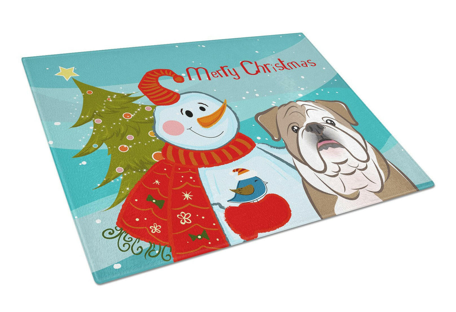 Snowman with English Bulldog  Glass Cutting Board Large BB1839LCB by Caroline's Treasures