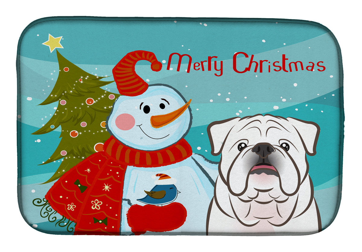 Snowman with White English Bulldog  Dish Drying Mat BB1840DDM  the-store.com.