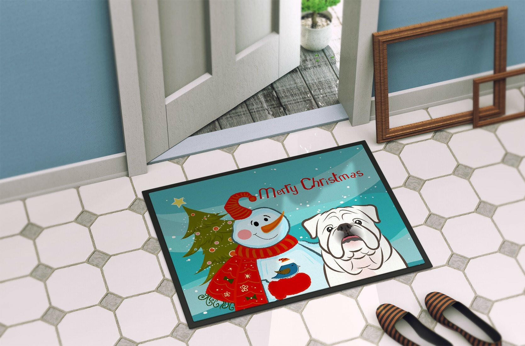 Snowman with White English Bulldog  Indoor or Outdoor Mat 24x36 BB1840JMAT - the-store.com