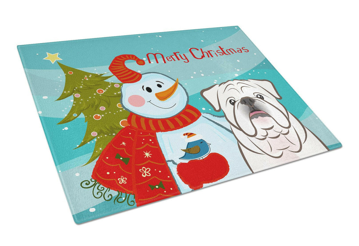 Snowman with White English Bulldog  Glass Cutting Board Large BB1840LCB by Caroline&#39;s Treasures