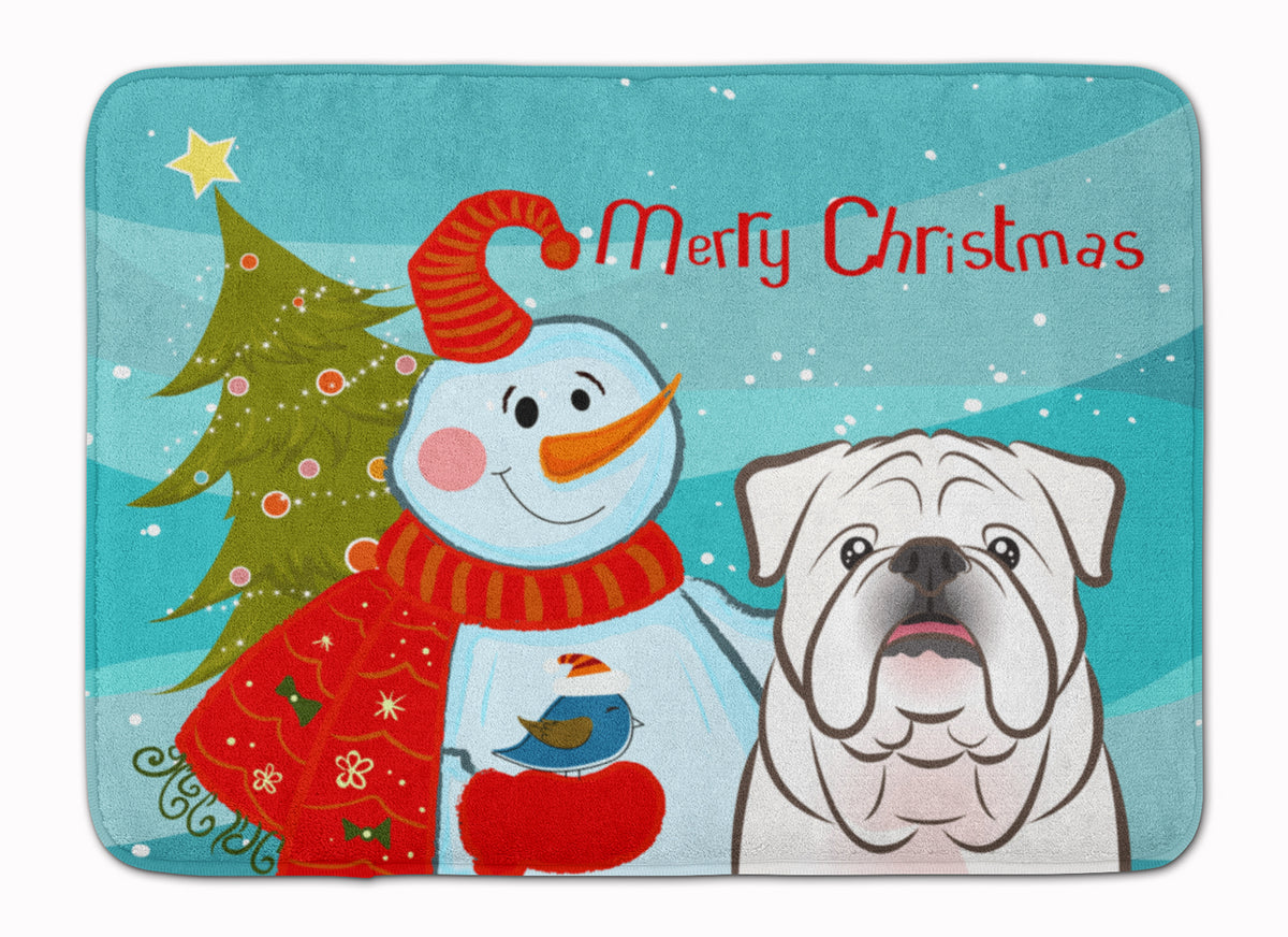 Snowman with White English Bulldog  Machine Washable Memory Foam Mat BB1840RUG - the-store.com