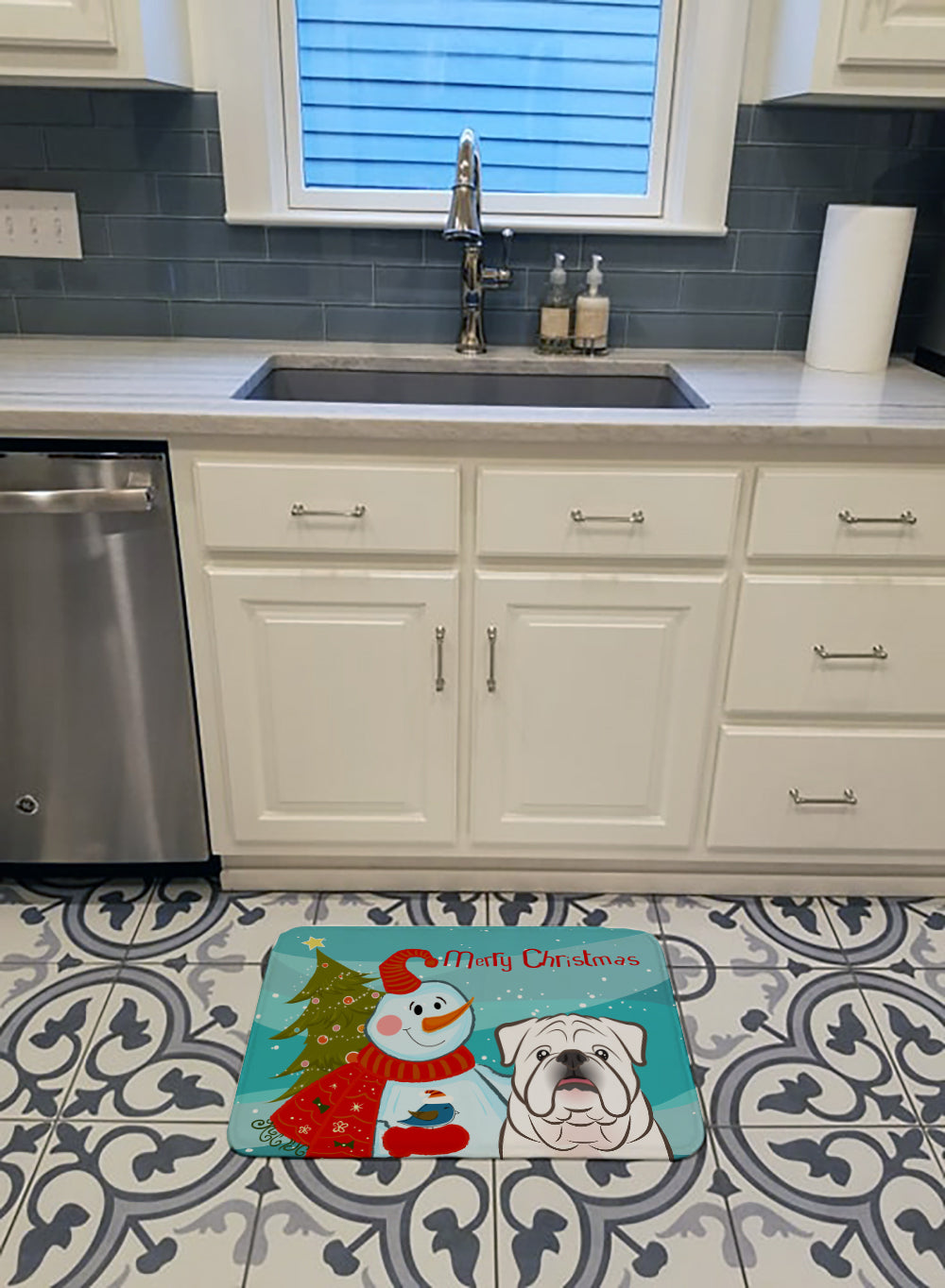 Snowman with White English Bulldog  Machine Washable Memory Foam Mat BB1840RUG - the-store.com