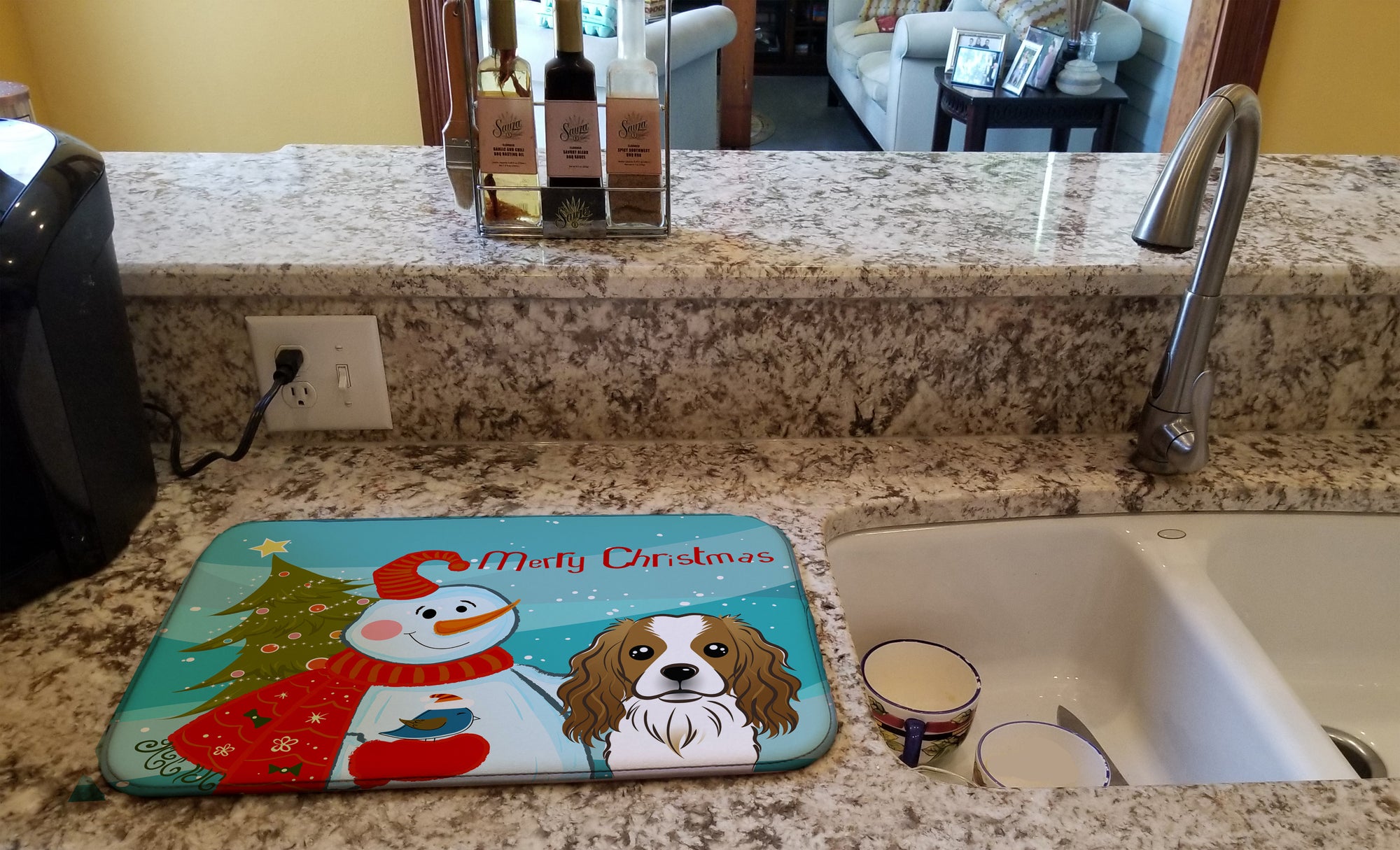 Snowman with Cavalier Spaniel Dish Drying Mat BB1844DDM  the-store.com.