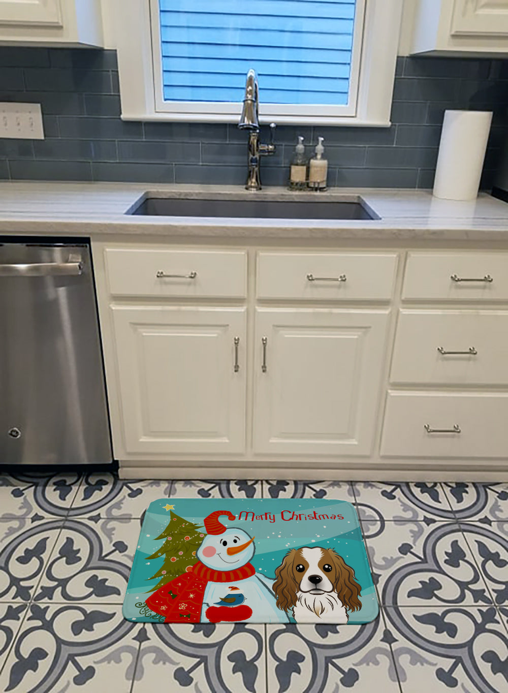 Snowman with Cavalier Spaniel Machine Washable Memory Foam Mat BB1844RUG - the-store.com