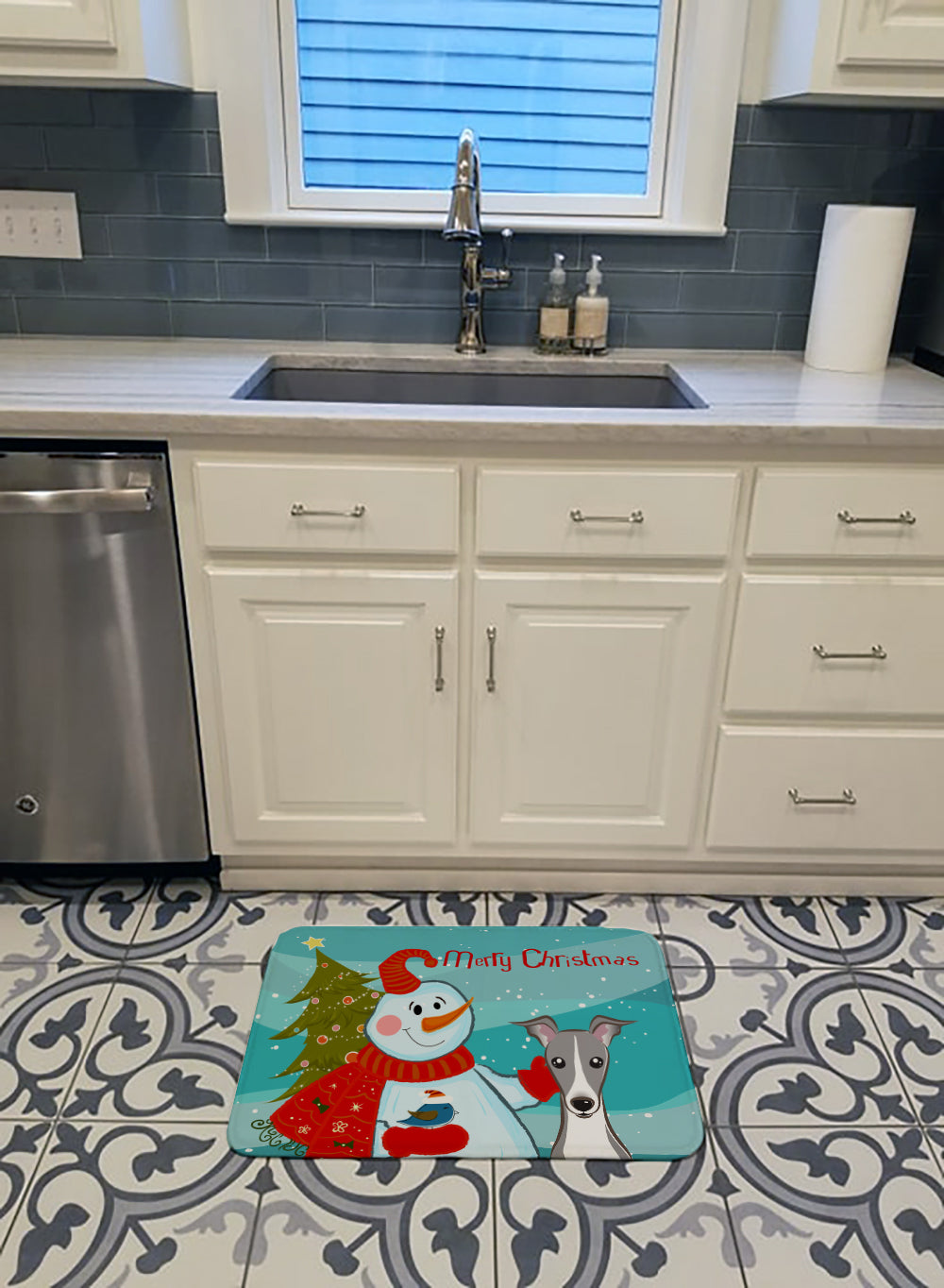 Snowman with Italian Greyhound Machine Washable Memory Foam Mat BB1856RUG - the-store.com