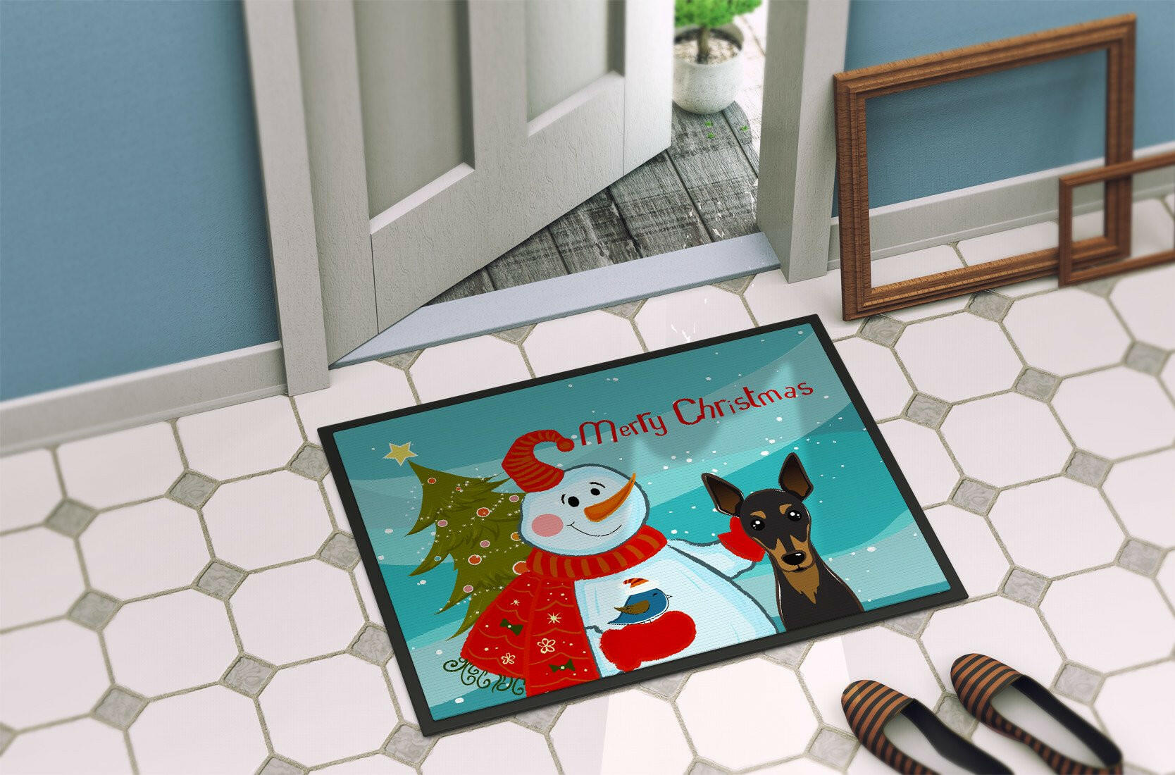 Snowman with Min Pin Indoor or Outdoor Mat 24x36 BB1860JMAT - the-store.com