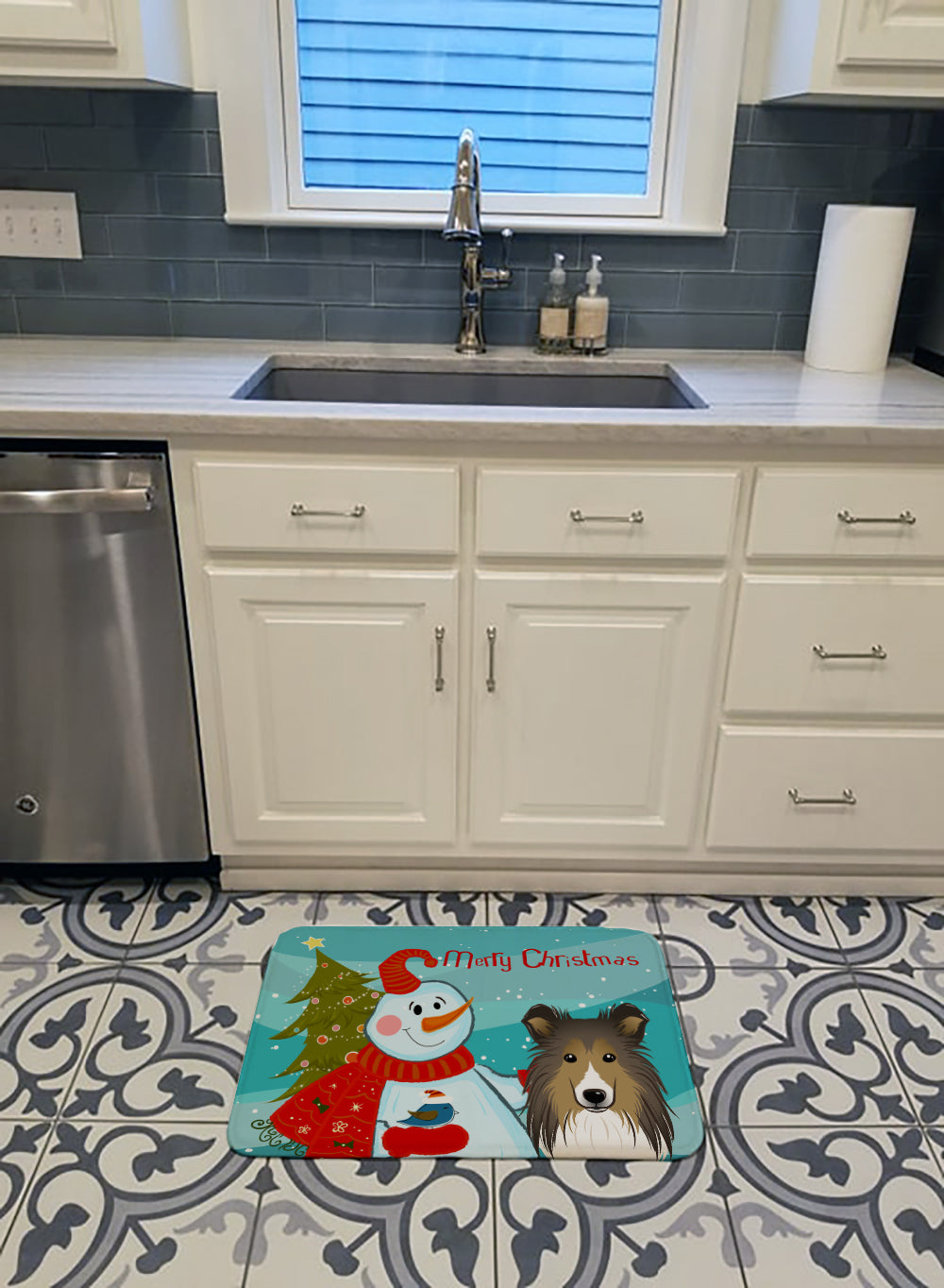 Snowman with Sheltie Machine Washable Memory Foam Mat BB1862RUG - the-store.com