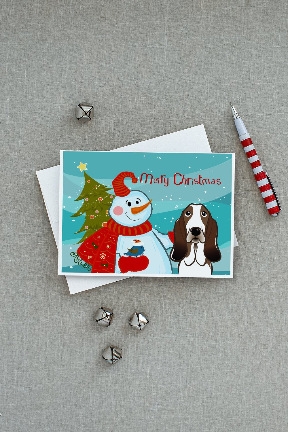 Snowman with Basset Hound Greeting Cards and Envelopes Pack of 8 - the-store.com