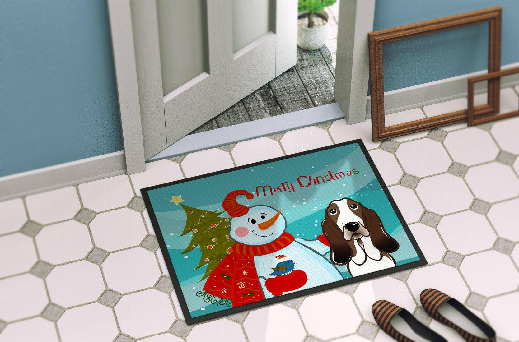 Snowman with Basset Hound Indoor or Outdoor Mat 24x36 BB1863JMAT - the-store.com