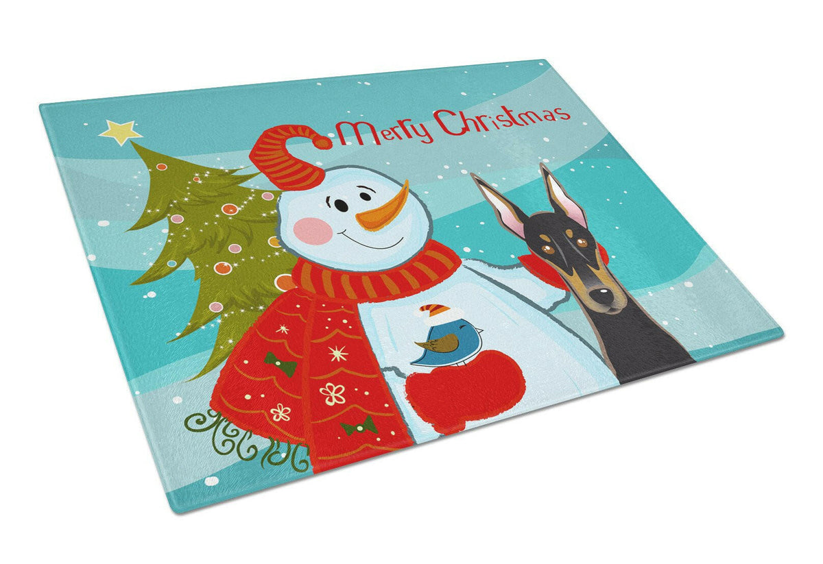 Snowman with Doberman Glass Cutting Board Large BB1865LCB by Caroline&#39;s Treasures