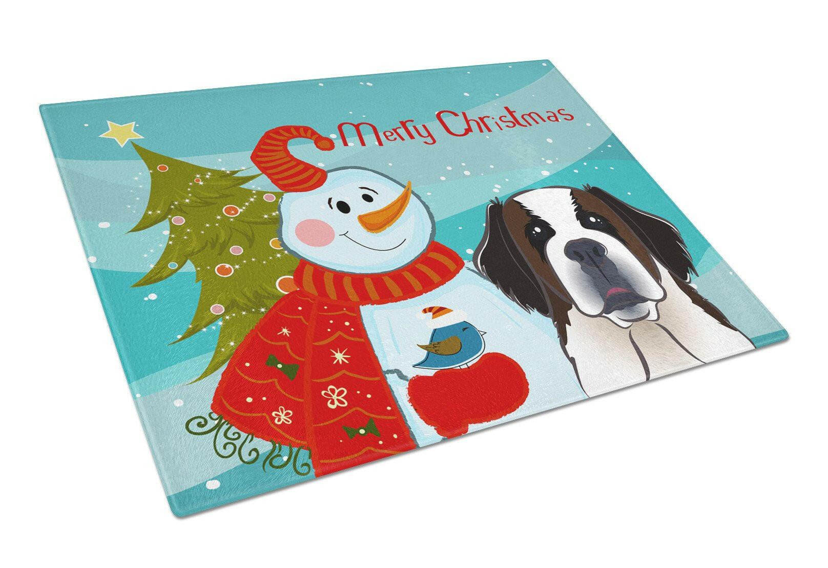 Snowman with Saint Bernard Glass Cutting Board Large BB1866LCB by Caroline's Treasures