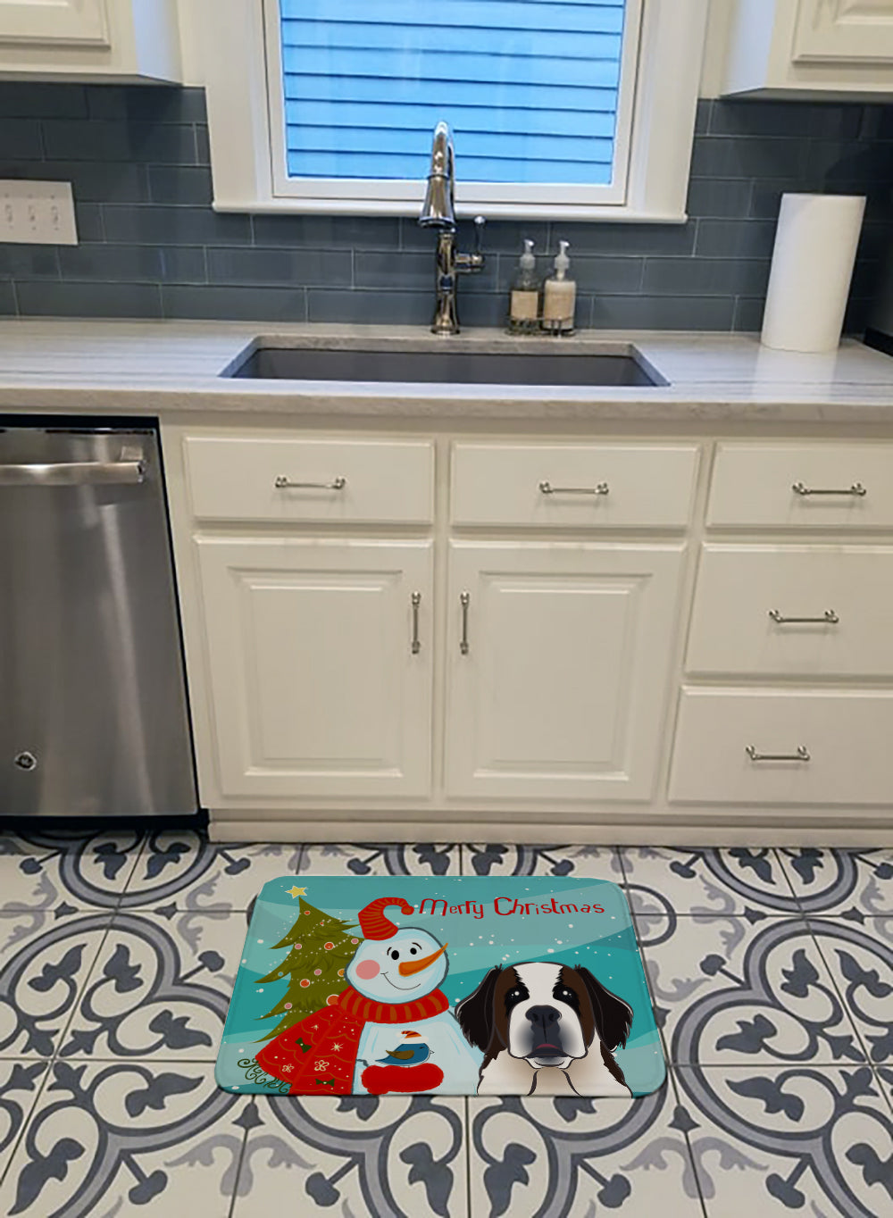 Snowman with Saint Bernard Machine Washable Memory Foam Mat BB1866RUG - the-store.com