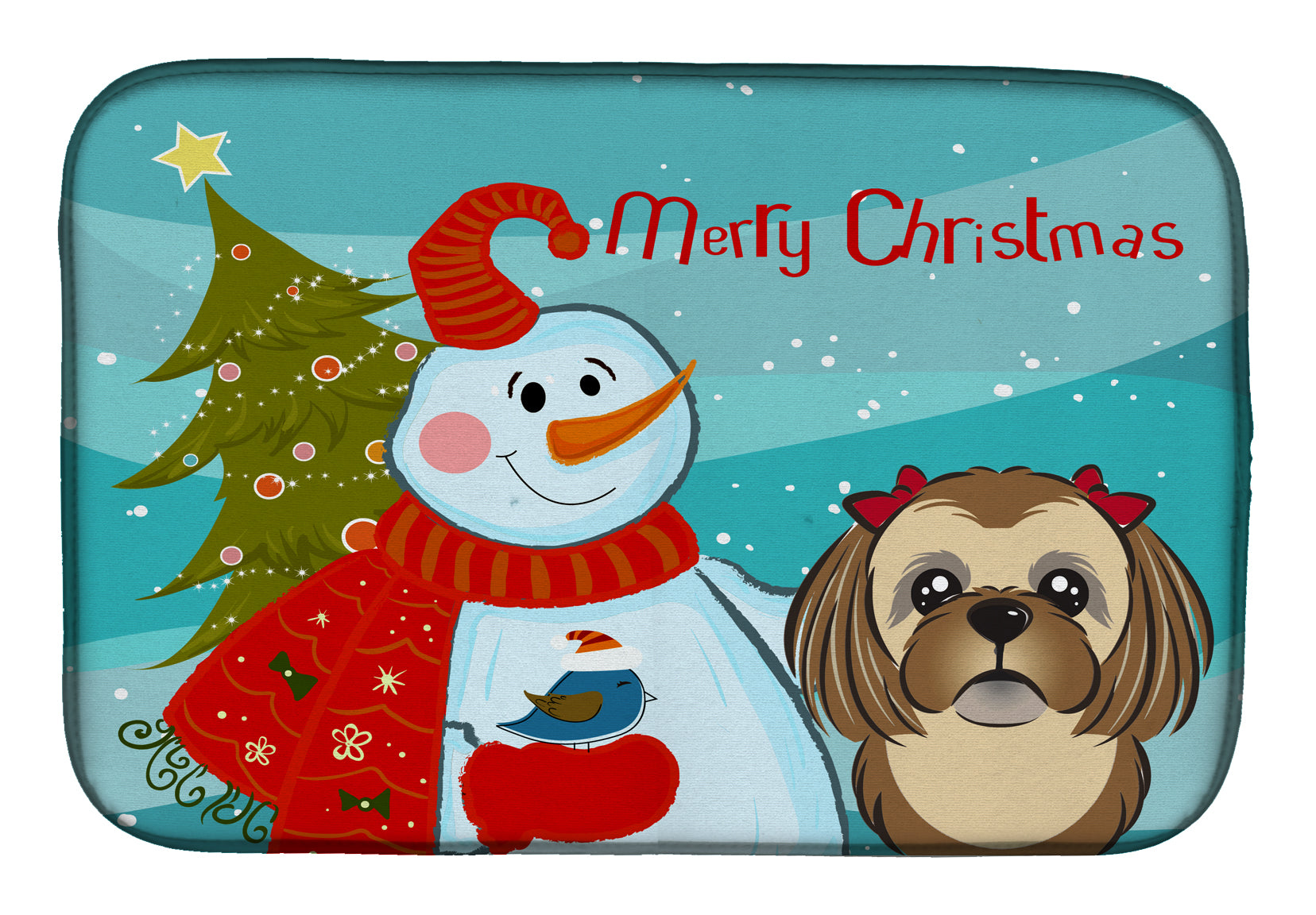 Snowman with Chocolate Brown Shih Tzu Dish Drying Mat BB1869DDM  the-store.com.