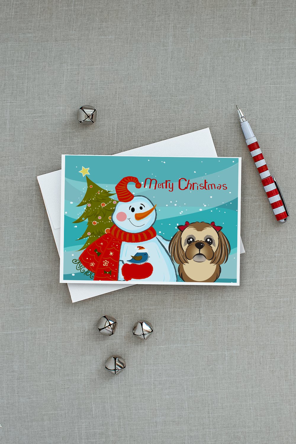 Snowman with Chocolate Brown Shih Tzu Greeting Cards and Envelopes Pack of 8 - the-store.com