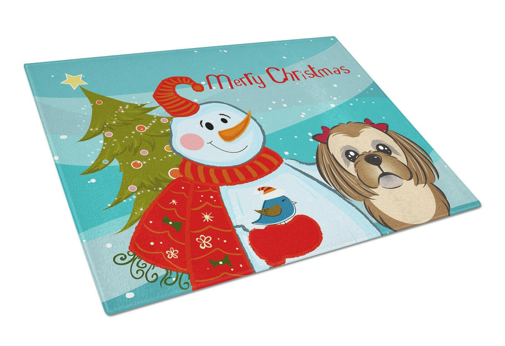 Snowman with Chocolate Brown Shih Tzu Glass Cutting Board Large BB1869LCB by Caroline's Treasures