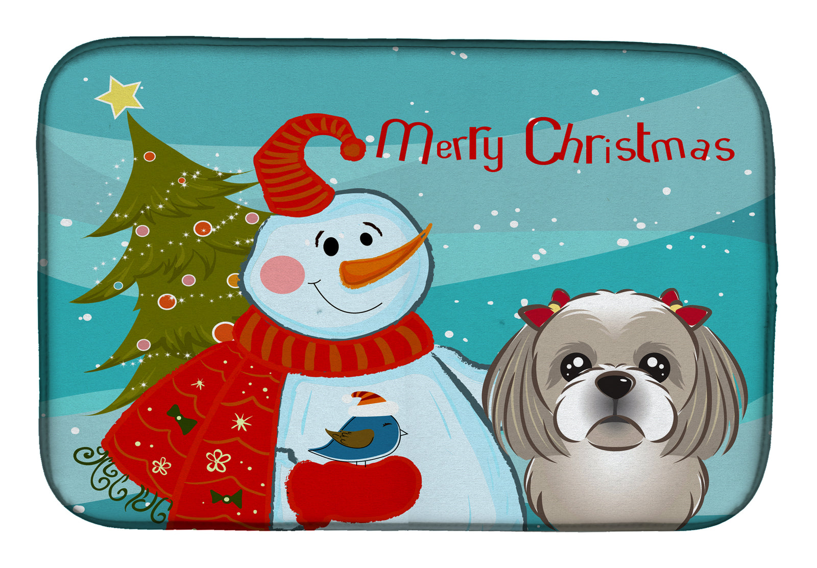 Snowman with Gray Silver Shih Tzu Dish Drying Mat BB1870DDM  the-store.com.