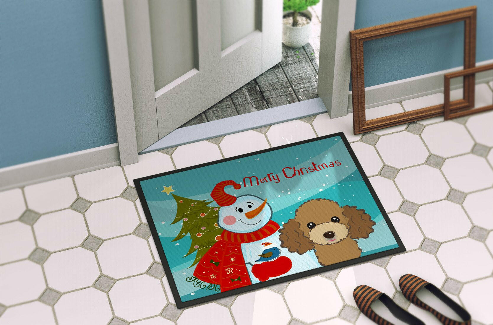 Snowman with Chocolate Brown Poodle Indoor or Outdoor Mat 24x36 BB1876JMAT - the-store.com